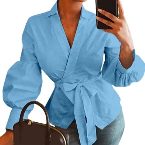 Autumn Women Shirt Deep V Neck Lantern Sleeve Solid Color Irregular Cardigan Top Elegant Blouse Plus Size Shirts