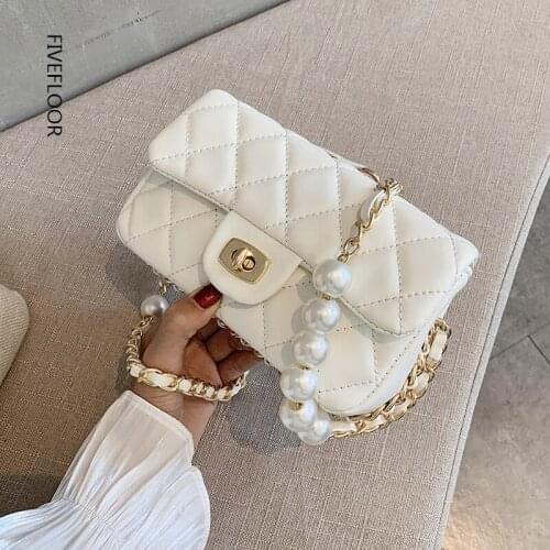 Quilted Pearl Chain PU Leather Solid Color Crossbody Bags for Women 2021 Fashion Small Shoulder Bag Female Handbags and Purses
