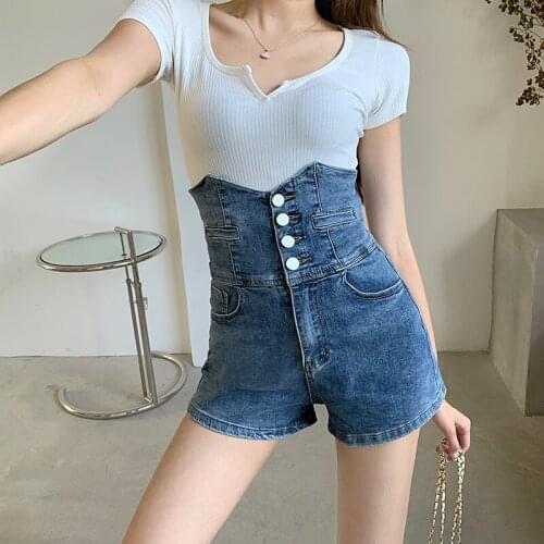 High Waist Summer Overalls For Women Single Breaste Denim Harem Shorts Slim Jumpsuits Pockets Blue Washed Rompers Female 3661