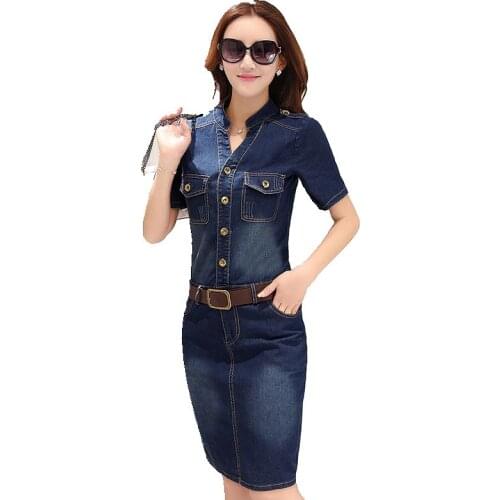 Fashion Women Summer Dress Denim Dress vintage casual short sleeve V-neck Jean Shirt Dress women clothing