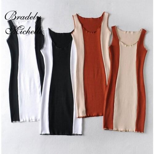 BRADELY MICHELLE New Arrival Summer Women Hit Color Patchwork Sexy O-Neck Sleeveless Elastic Bodycon Dress