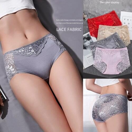 Womens Cotton Breathable Underwear Sexy Lace Mid-Waist Hollow Female Briefs Hip Lift Underpants For Lady Plus Size Lingerie
