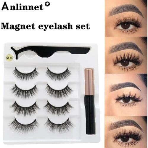 4 pairs of Magnetic eyelashes Makeup Fake eyelashes +Liquid eyeliner and tweezers Natural handmade eyelashes
