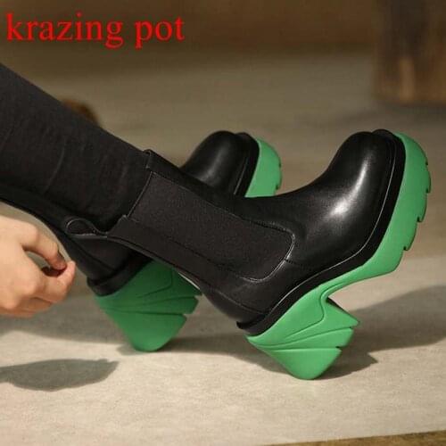 Krazing pot hot sale cow leather round toe Chelsea platform boots high fashion keep warm square high heels European ankle boots