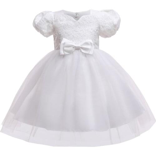 Kids Dress 2021 New Puff-Sleeve Lace Little Girls Birthday Party Princess Dresses For Girls Bow-knot Bridesmaid Wedding Dresses