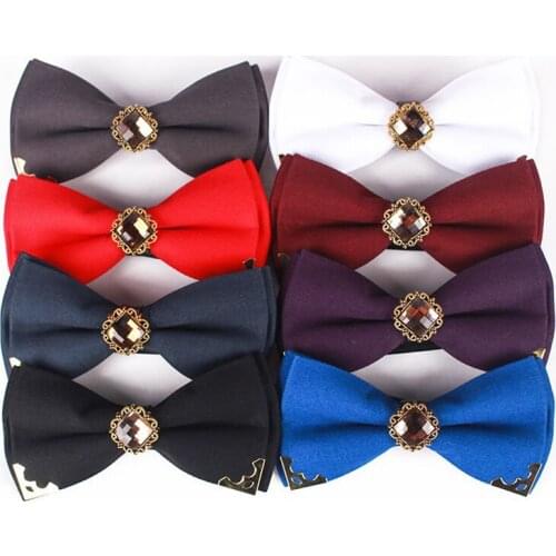 GUSLESON Mens Solid Metal Head crystal diamond Cotton Bow Tie Noble Butterfly Cravat for Wedding Business Formal Leisure Gift