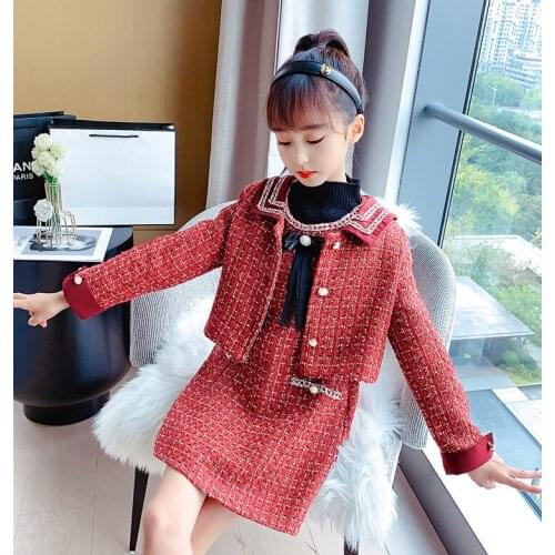 Kids New Year Clothes Sets for Girls Autumn Winter Children 2pcs Cotton Plaid Jackets + Dress Suits Girls Wedding Formal Sets