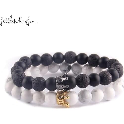 Little MingLou Fashion Natural stone Buddha beads Couple Lovers bracelet CZ Crown Charms women yoga Bracelets Bangles for men