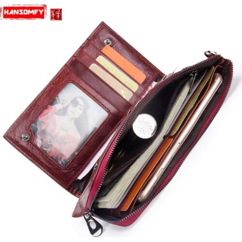 Fashion Genuine Leather Ladies Women Long Wallet Clutch Card Coins Purses RFID Anti-magnetic Leisure Top Layer Leather Female