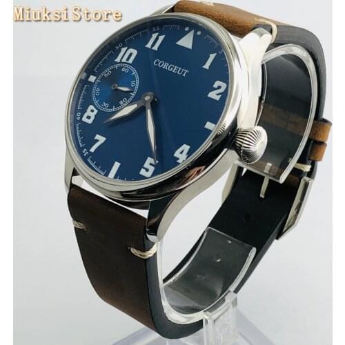 Corgeut 44mm mens top watch silver case leather strap 17 Jewels mechanical 6497 hand winding movement luminous sport watches