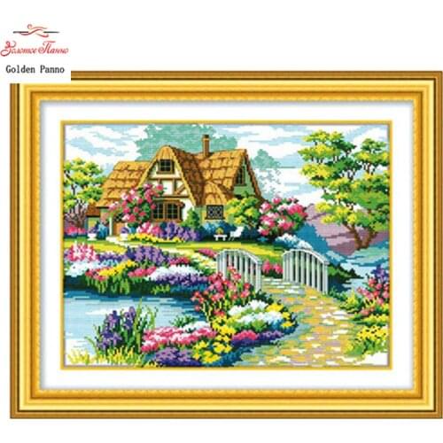 Golden panno,Needlework,Embroidery,DIY Landscape Painting,Cross stitch,kits,11ct bridge house Cross-stitch,Sets For Embroidery