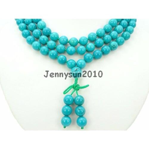 Natural Stabilized Tur-quoise 10mm Gems Stone Buddhist 108 Beads Prayer Mala Knot Necklace Multi-Purpose 5Strands/Pack