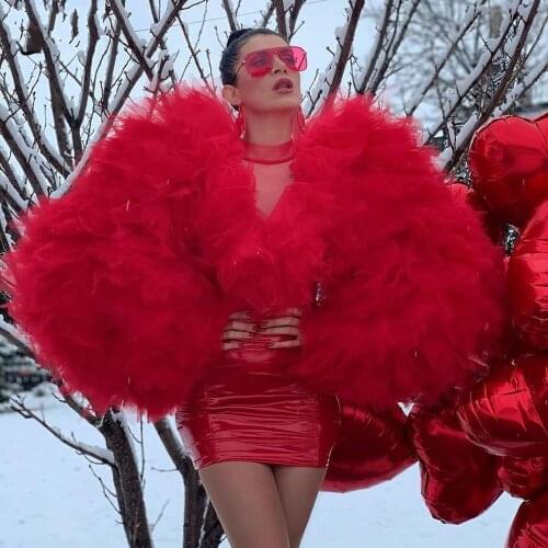 New Trendy Red Mini Women Dresses Puffy Ruffles Long Sleeves Sexy See Thru Short Party Dress Vestidos