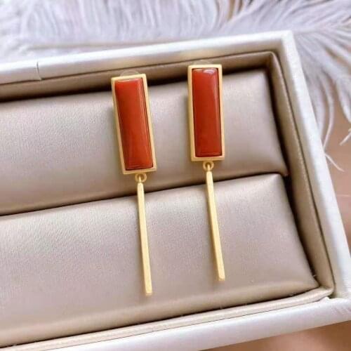 New silver inlaid natural South Red chalcedony Rectangular Earrings Chinese style retro geometric elegant charm womens jewelry
