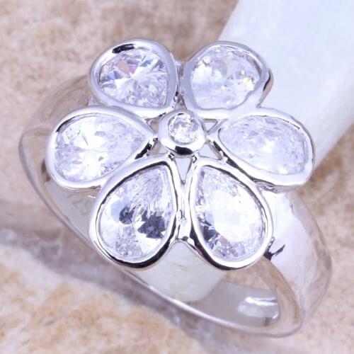 Alluring Flower White CZ Silver Plated Womens Ring Size 6 / 7 / 8 / 9 R1391