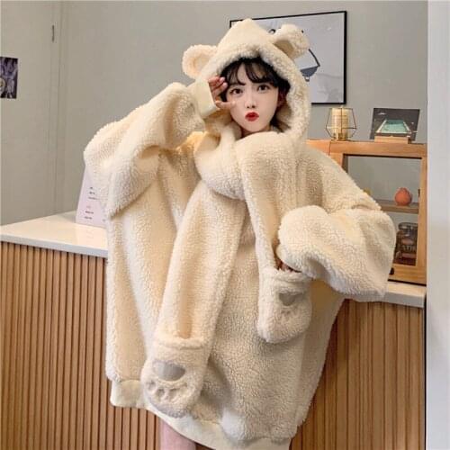 Bear Shape Fuzzy Hoodie Pullover Sueter Mujer Pullover Sweatshirt Polerones Mujer Womens Long Sleeve Fleece Sweatshirt Warm