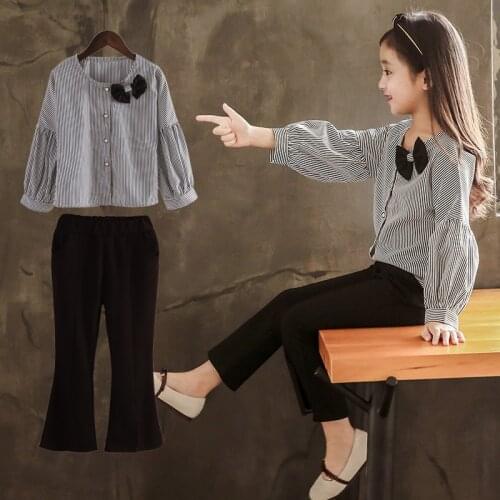 2020 new kids baby Girl Clothes Long Sleeve Striped shirt + Flare trumpet flower Pants 2Pcs Children 4 5 6 7 8 9 10 11 12 years