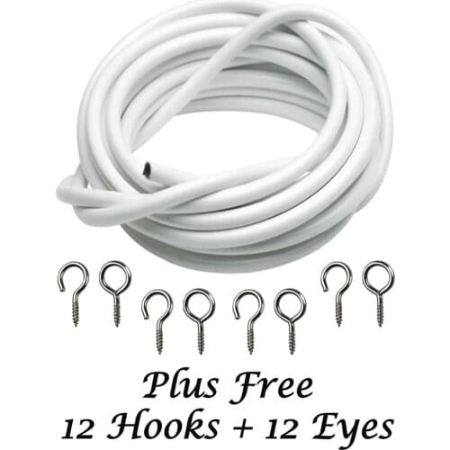 10m Net Curtain Wire White Window Cord Cable With FREE HOOKS & EYES Easy to cut For Caravans Boat