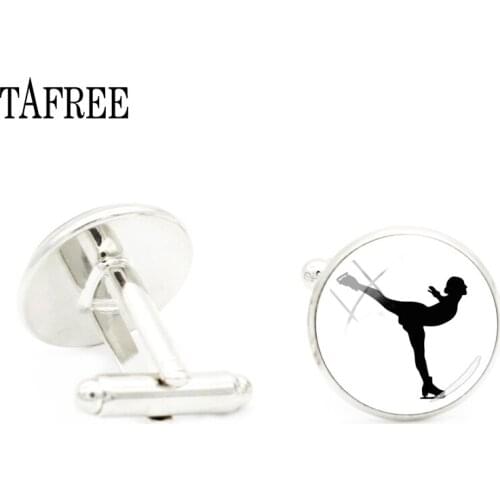 TAFREE Charm Silver Plated skating Picture Cufflinks Men Glass Cufflink Vintage Print Men Shirt Cuff Links Party Jewelry ST43