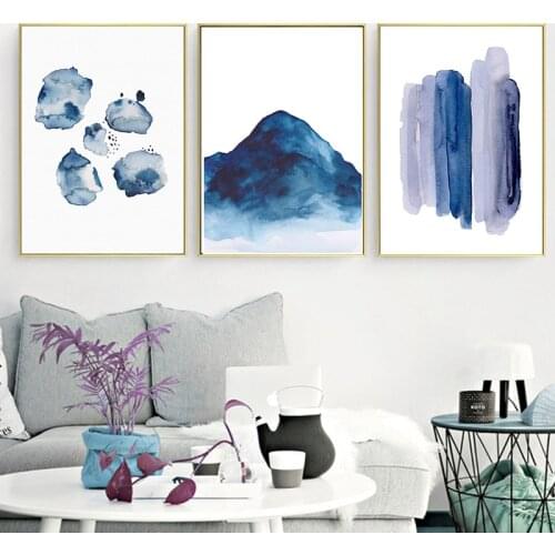 Navy Blue Landscape Mountain Posters And Prints Abstract Canvas Painting Nordic Watercolor Wall Art Modern Living Room Decor