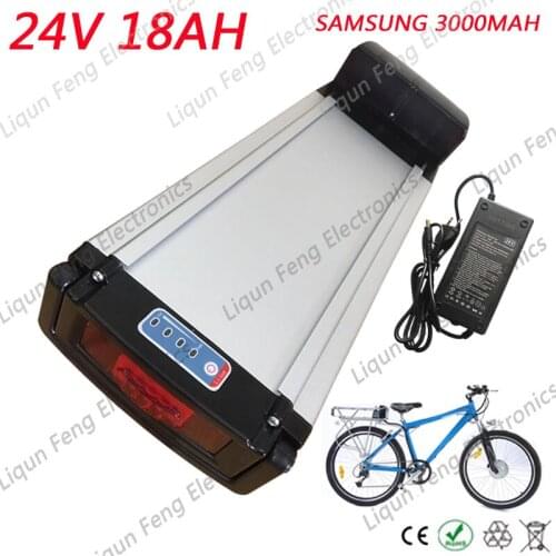 Rear Rack Aluminium Case 500W 24V 18AH Electric Bike Lithium ion Battery use SAMSUNG 3000MAH Cells With 20A BMS 2A Charger