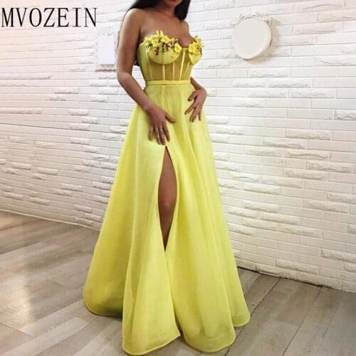 Yellow Muslim Evening Dresses 2019 A-line Sweetheart Tulle Slit Flowers Dubai Saudi Arabic Long Formal Evening Gown Prom Dress