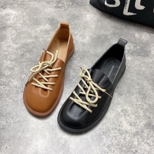 Genuine leather womens 2021 spring and autumn models Korean version of the trend round toe lace-up casual shoes flat shoes