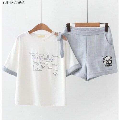 Korean Style Two Piece Set Summer New Cute Cat Print Short-Sleeve T-shirt + Shorts Womens Sets Sweet Style 2 Piece Set