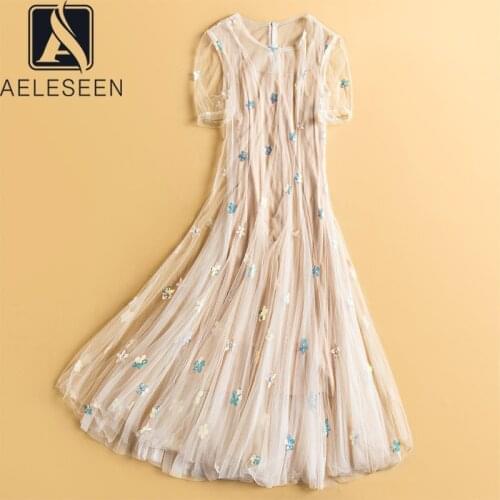 AELESEEN Runway Fashion High Quality Summer Dress Mesh Flower Embroidery Long Elegant Party Beach Dress For Women