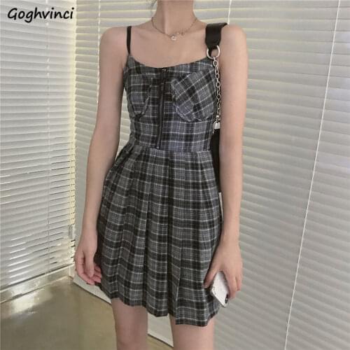 Slash Neck Backless Plaid Sleeveless Dress Women Preppy Vintage Slim Zipper Pleated Vestido Student Leisure Sexy Spaghetti Strap