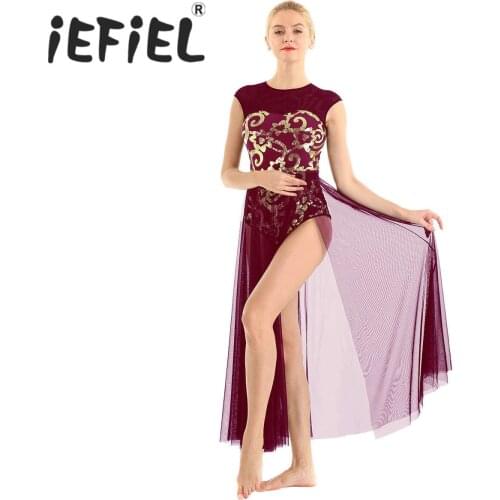 Women Sequins Sleeveless Floral Performance Tank Leotard Maxi Dress for Lyrical Modern Contemporary Figure Skating Dance Costume