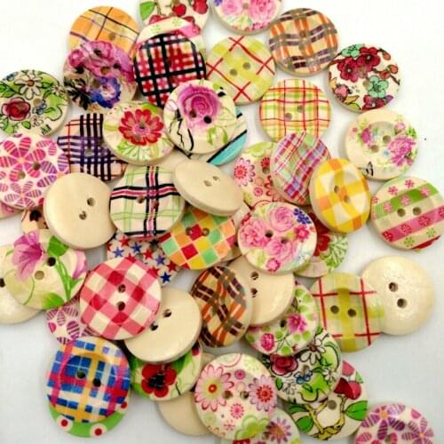50 Colorful Vintage Flower Check Wooden Buttons Embellishment Craft DIY 20mm