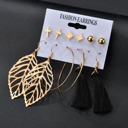 6 Pairs Retro Metal Cross Star Bead Hollow Leaf Hoop Tassel Drop Earrings Vintage Pendent Earrings Set for Women Girls Jewelry