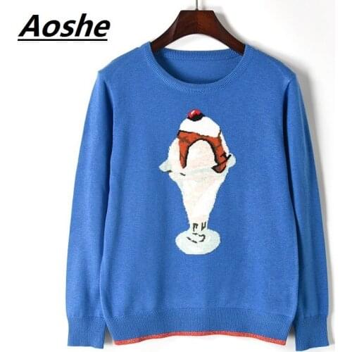Aoshe Pull Femme Design Ice Cream Jacquard Casual Cute Lady Knit Sweater Women Pullover Jumper Winter Warm Knitwear