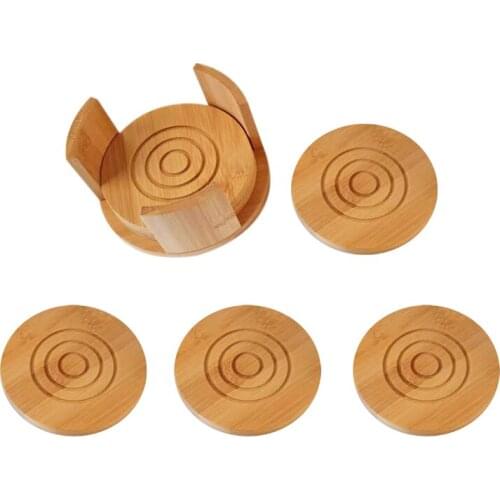 Bamboo Coasters 6-Pack Set - Absorbent and Condensation Wooden Coasters with Holder Round Cup Coasters for Drinks