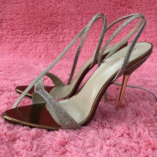 Sexy Brass Glitter High Heel Slimmer Popular Bridals Party Women Sandal Summer New Open Toe Ankle Strap Stiletto 11cm Heel Shoe