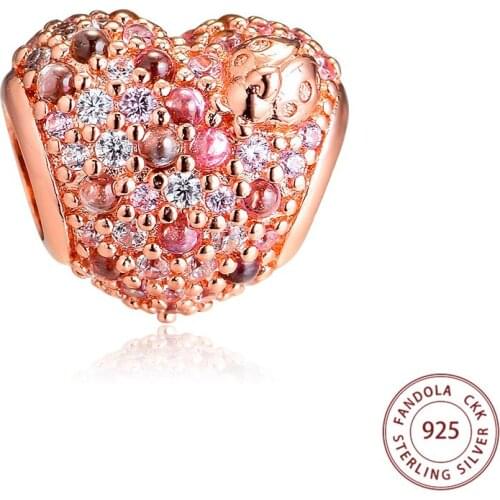 CKK Rose Gold Gleaming Ladybird Heart Charms 925 Sterling Silver Beads for Jewelry Making Fits Pandora Bracelet Argent 925
