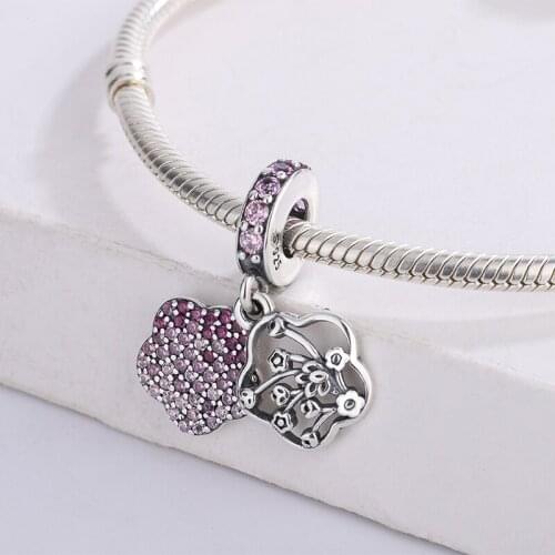 For Pandora 925 Sterling Silver Red Zircon Plum Blossom Flower Double Pendant Charm Bracelet Fashion Jewelry DIY Making