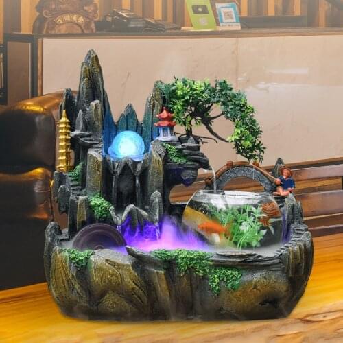 220V Resin Rockery Water Fountain Indoor Waterfall Feng Shui Fountains Home Decoration Tabletop Fish Tank Air Humidifier Crafts