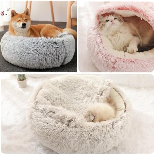 Round Long Plush Cat Bed Cat Warm House Soft Pet Dog Bed Lounger for Small Dog Cats Nest 2 in 1 Kitten Cushion Sleeping Sofa Bag