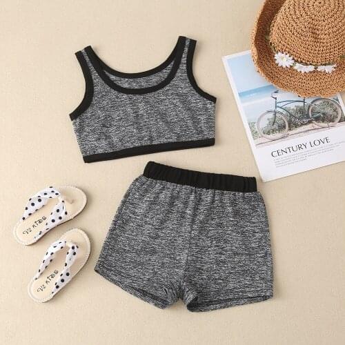 Girls' summer suit childrens wear solid color vest shorts two piece childrens summer cool casual clothes
