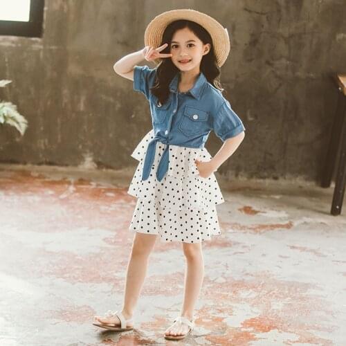 Girls Summer Wear Two-piece 2021 New Children Korean Polka Dot Denim Jacket+skirt Fashion Clothes