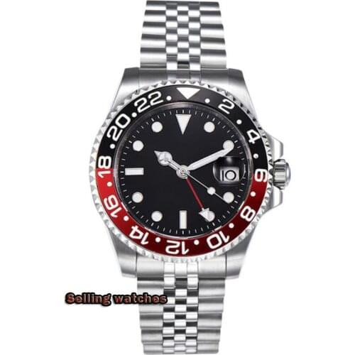 40mm PARNIS Blue/red bezel Mechanical clock deployment clasps Jubilee Bracelet Sapphire Crystal Date GMT Automatic Mens watch