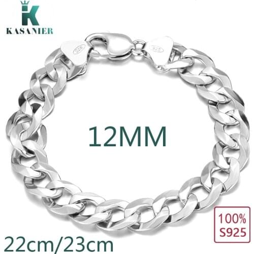 KASANIER 2019 S925 Sterling Silver Men Bracelets 12MM width 22-23cm flat Men bracelets new listings high quality fashion jewelry
