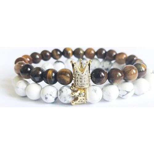 2pcs/set mens natural Volcanic stone moonstone bracelet bangle Chakra bracelet crown beads rope chain couple bracelets homme