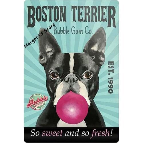 Boston Terrier Bubble Gum Poster Metal Tin Sign,Dog Aluminum Retro Iron Painting Men Cave Cafe Family Garage Poster Wall Decor