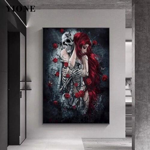 Death Lover Poster Canvas Painting Abstract Anime Dark Rose Skull Girl Wall Art Picture Print Living Room Bedroom Decoration