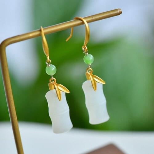 Ancient gold craftsmanship inlaid natural Hetian white jade bamboo leaf earrings Chinese exquisite brand jewelry for women