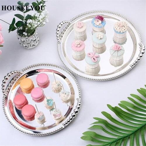 Wedding Silver Plated Serving Trays with Handles Pancake Dish Cake Display Food Fruit Makeup Cosmetic Storage Organizer Decor
