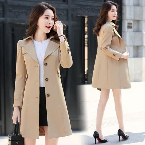 2021 Spring Autumn Plus size Womens Trench Long Coat Elegant Slim Long-sleeve Outerwear Khaki Casual Female Windbreaker 5XL